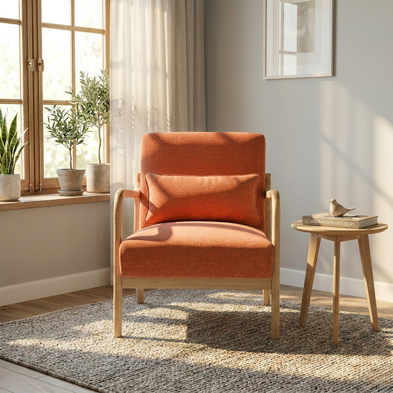 Chaise d'appoint Mid-Century moderne en bois massif avec dossier ergonomique, Orange