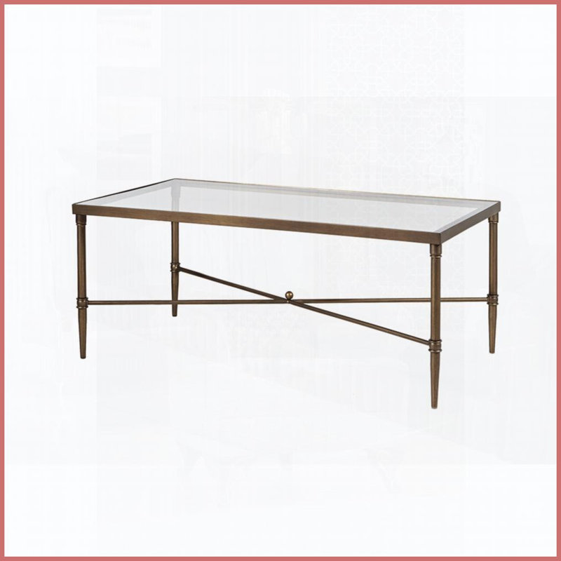 Table basse rectangulaire de salon avec structure en métal bronze Plateau en verre trempé de 5 mm, robuste et amp; Facile à nettoyer