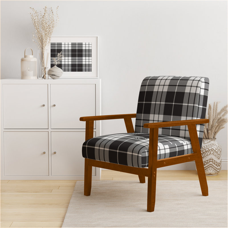 Fauteuil d'appoint rembourré à motif tartan à carreaux noir et argent, Accoudoirs carrés bruns