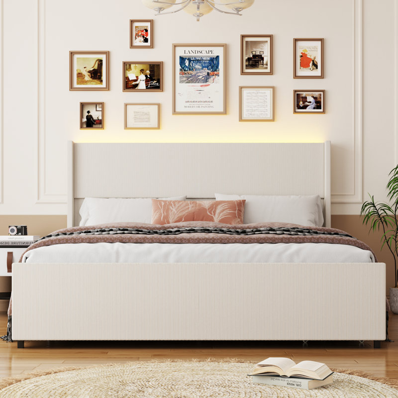 Corduroy Upholstered Platform Bed With Drawers, LED Light, Wingback Headboard, And Footboard, No Box Spring Needed, Queen