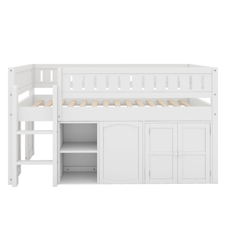 Lit mezzanine double avec armoire de rangement et tableau noir, Blanc