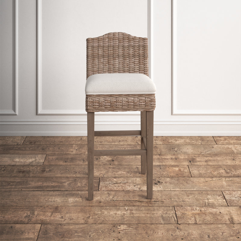 Tabouret rembourré en bois massif et rotin Kogan, Tabouret de bar (siège d'une hauteur de 30,5 po)