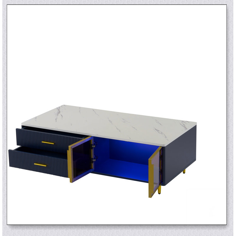Table basse moderne bleu marine avec 2 portes de rangement en verre, 4 tiroirs, pieds en métal
