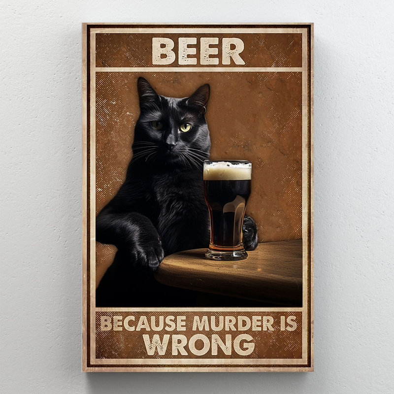«Beer parce que Murder Is Wrong», art mural sur toile tendue avec un chat noir - salon, chambre à coucher ou bureau