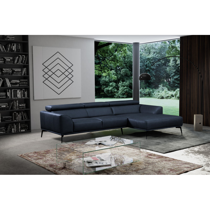 Blagovesta Genuine Semi-Aniline Leather Corner Sofa with Upholstered Frame, Right Hand Facing, Dark Sky Blue