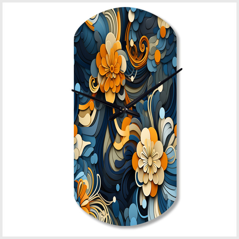 Horloge murale abstraite orange et bleue, impression florale orange et bleue, Grand