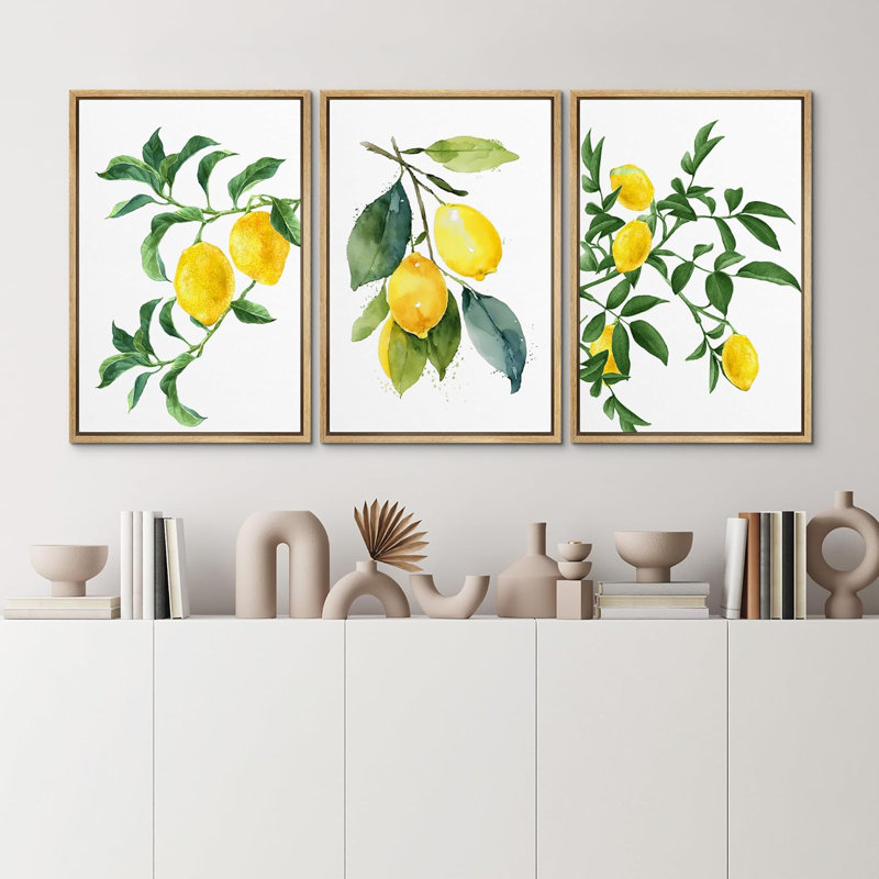 «Kitchen Food Watercolor Lemon Fruits», reproduction sur toile encadrée de 3 pièces, H 36 po x l 24 po x P 1,5 po, Naturel