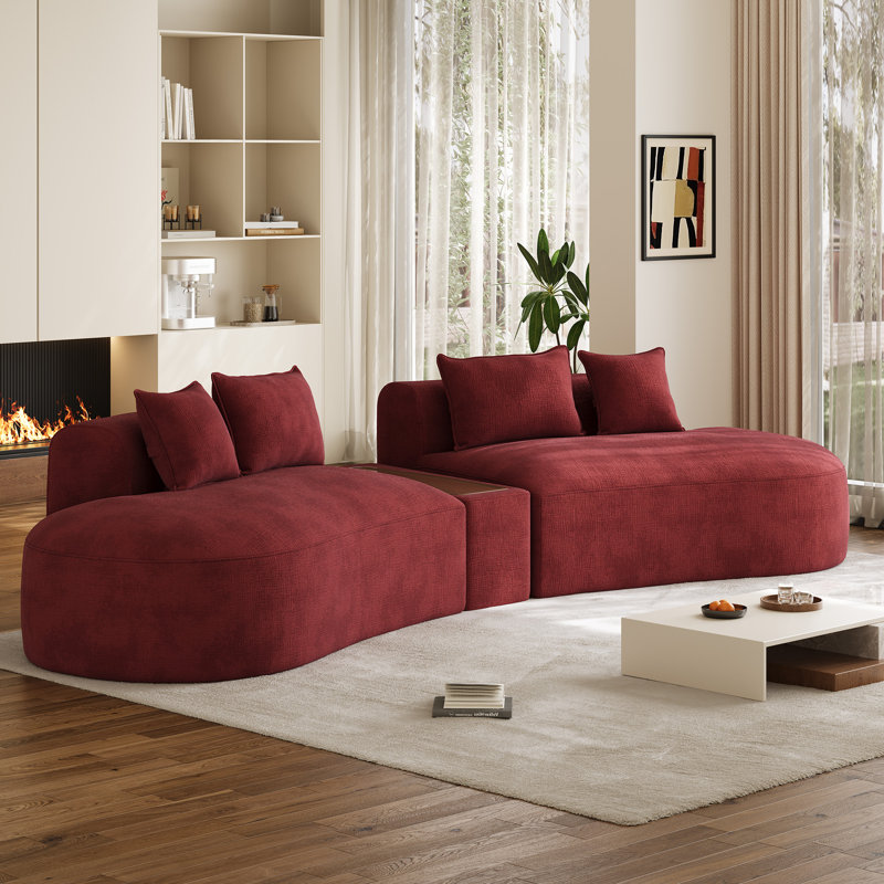 Canapé modulaire en chenille de 153 po de largeur avec table basse à chargement rapide, Red Chenille