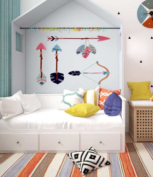 Décalcomanie murale, art mural, flèche bohème, délicates plumes inspirantes, autocollant en vinyle, arc en vinyle Boho et flèches - GD626