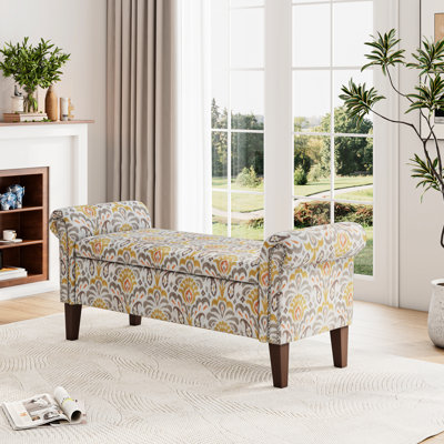 Rangement - couvercle rabattable élégant, tissu d'ameublement, motif floral, assemblage à 100% du compartiment, 23,86 po Hauteur, accoudoirs roulés, garniture cloutée décorative
