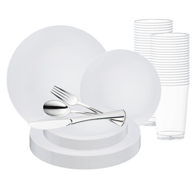 White with Silver Rim Organic Round Disposable Plastic Wedding Value Set - 60 Settings