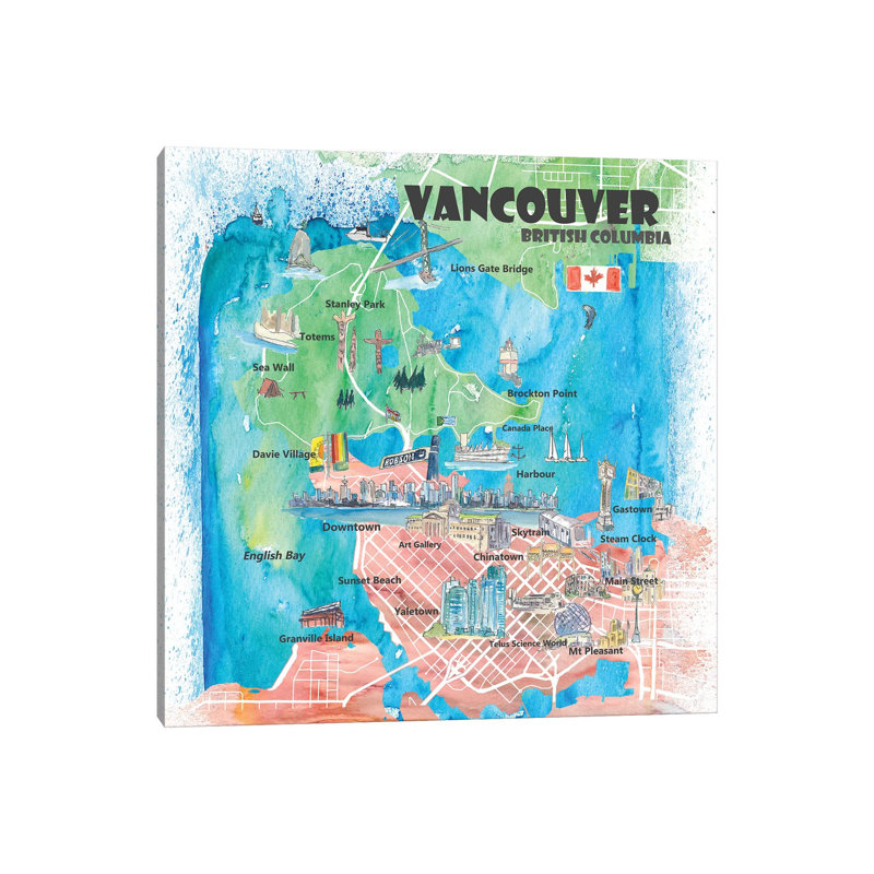 Vancouver British Columbia Canada Illustrated Map by Markus & Martina Bleichner - Wrapped Canvas Print