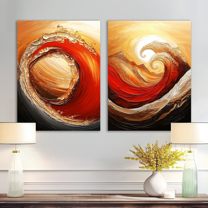 «Abstract Landscape Desert in Golden Wave II», ensemble de 2 décorations murales contemporaines rouges en métal
