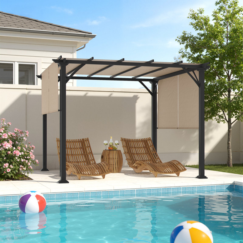 Pergola d'extérieur robuste de 10 x 10 pi avec auvent, pavillon de jardin à cadre en métal et treillis de raisin décoratif pour patio, terrasse, bord de piscine et arrière-cour