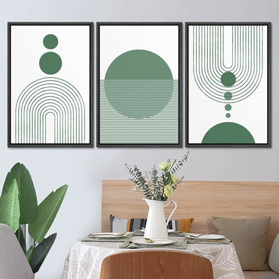 Mid Century Modern Semi-Circle And Line Parabola Green Wall Art - 3 Piece Floater Frame Print Set on Canvas