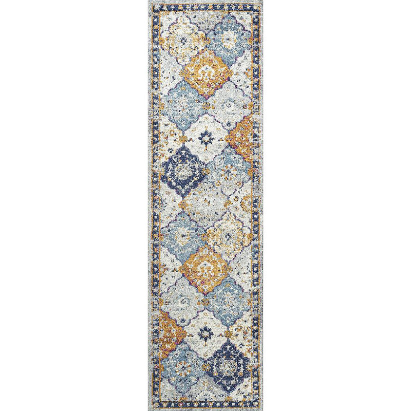 Kirman Bohemian Medallion Light Gray/Blue/Orange Rug, Runner 2' X 8'