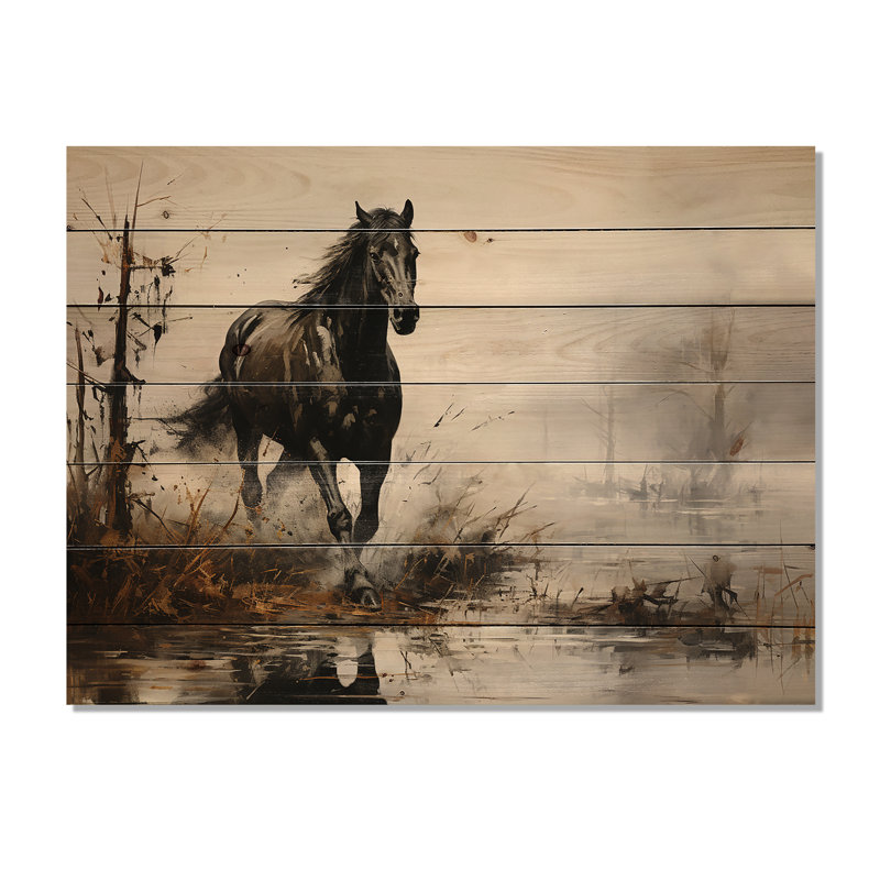 «Grey Horse Misty Morning Canter II» sur bois, H 24 po x l 32 po x P 0,78 po