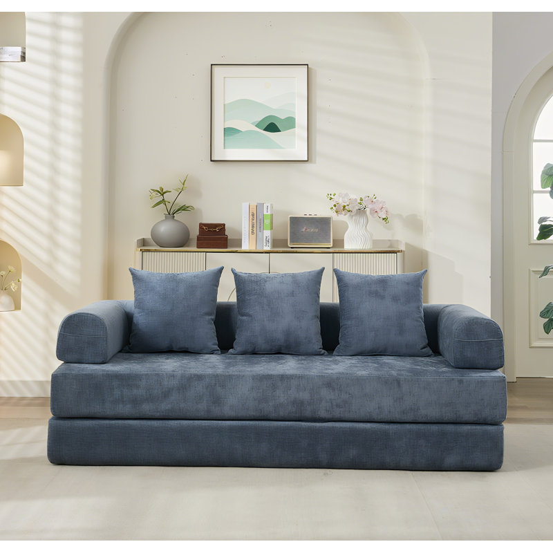 Boneless 78.8" W Convertible Folding Mattress Sofa, Chenille Floor Sofa Bed, Blue