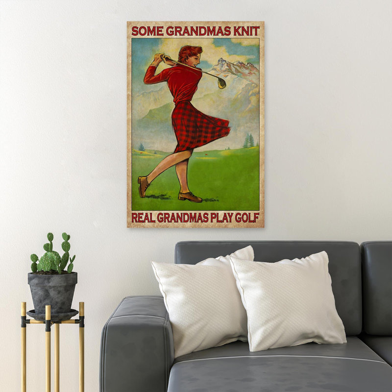 «Girl In Red Dress jouant au golf - Some Grandmas Knit», reproduction d'art graphique sur toile tendue 1 pièce