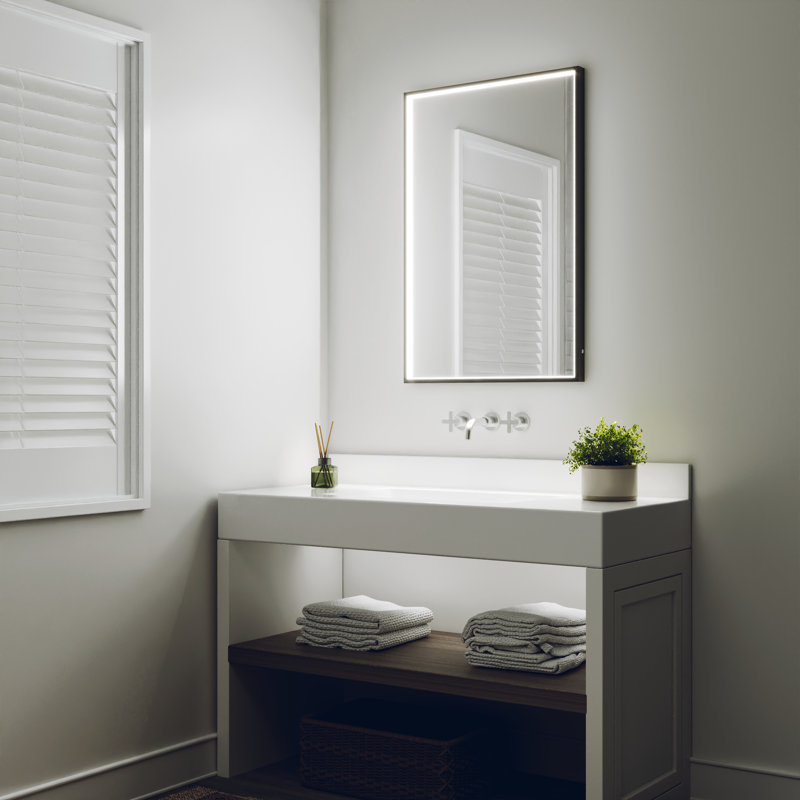 Miroir de salle de bain à cadre noir à DEL avec antibuée, gradation continue, 3 températures de couleur et commandes latérales