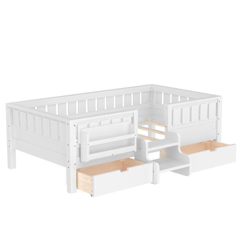 Lit de jour simple avec 2 tiroirs et garde-corps double, Blanc