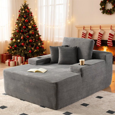Dual Cup Holder Corduroy Lazy Sofa - Plush Stain-resistant Oversized Chaise Lounge With Pillow, Comfy Single Couch For Living Room by Mercer41