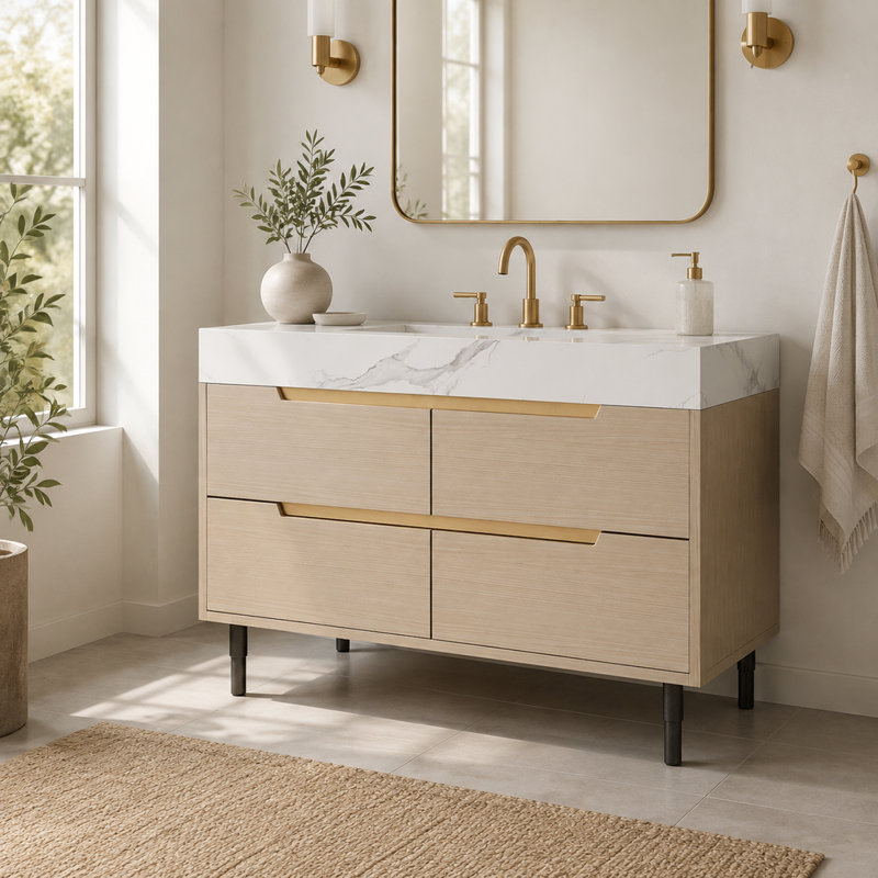 Meuble-lavabo moderne de 89 cm (35,05 po) avec lavabo encastré, comptoir en pierre frittée, bois massif multicouche imperméable, 4 tiroirs, autoportant ou mural