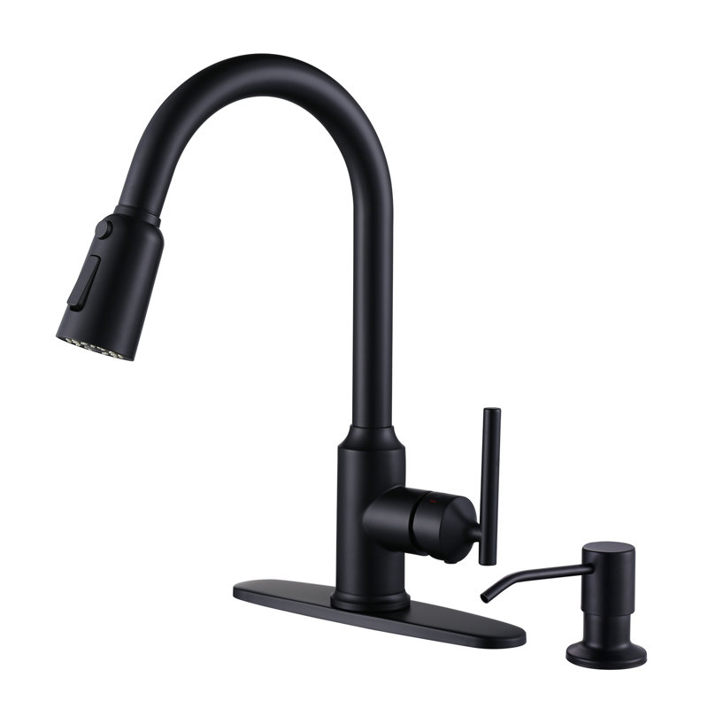 Robinet de cuisine rétractable à poignée simple avec distributeur de savon et accessoires, Noir mat