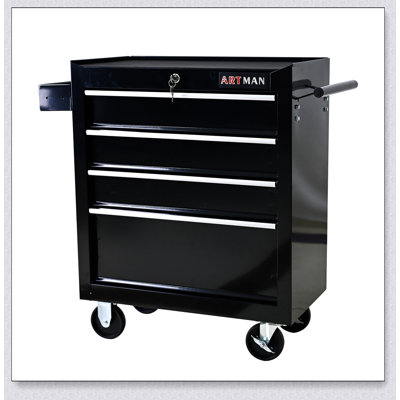 Coffre à outils robuste à roulettes, rangement à 4 tiroirs avec système de verrouillage et roues pour le garage et le magasin