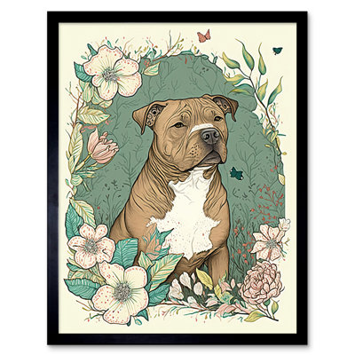Brown Staffordshire Bull Terrier And Flowers Modern Pastel Boho - Single Picture Frame Print