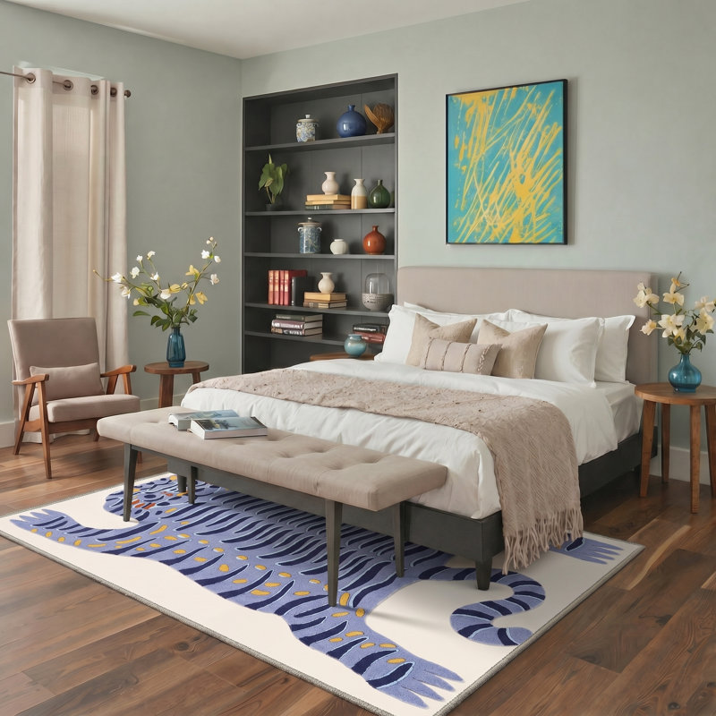 Tapis bleu / bleu marine / ivoire à imprimé animalier Abidi Funky, Bleu sarcelle en orbite, Rectangle 6 pi x 9 pi