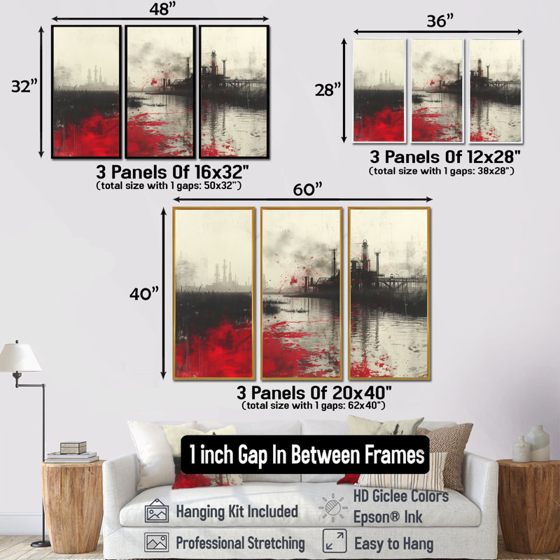 Ensemble de salon art mural rouge et noir, Toile naturelle avec cadre flottant, H 40 po x l 60 po x P 1 po
