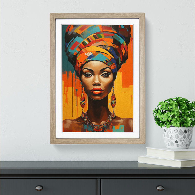 XYZ-FRM-V1223-1776 African Woman Modern - Single Picture Frame Print on Wood, 64cm H x 46cm W x 2cm D, Oak 