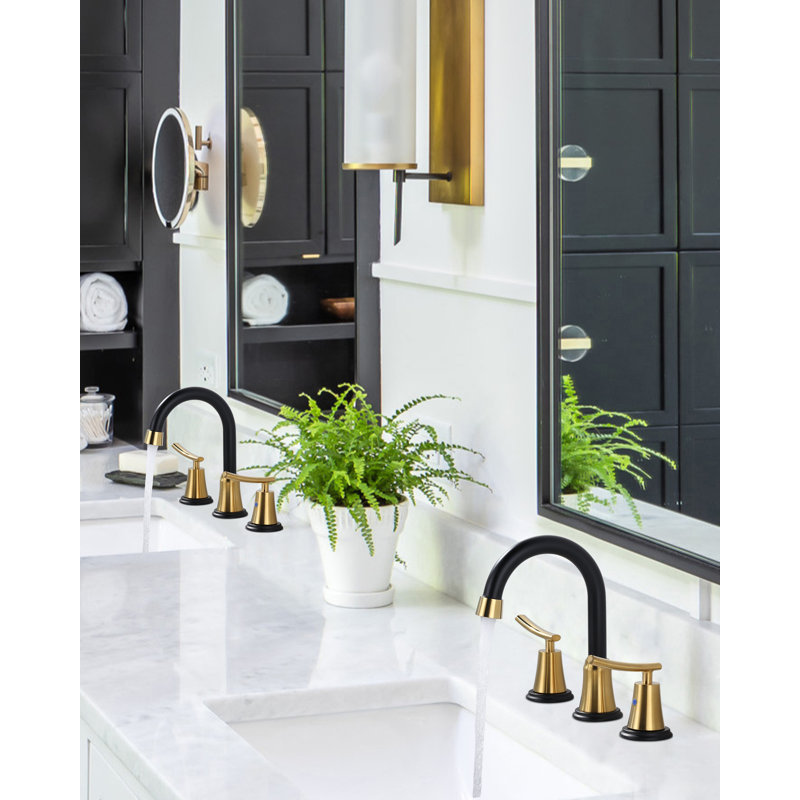 8 Inch Widespread Bathroom Faucet, 3 hole Double Handle Bathroom Sink Faucet with Pop-Up Drain, Black/Gold
