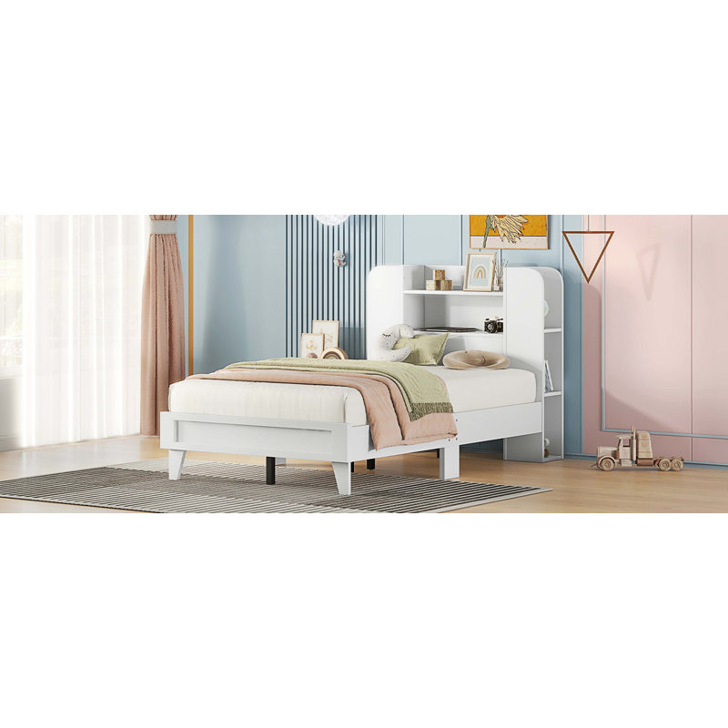 Lit plateforme Kaikoa avec tête de lit et plusieurs tablettes de rangement des deux côtés, Simple, Blanc
