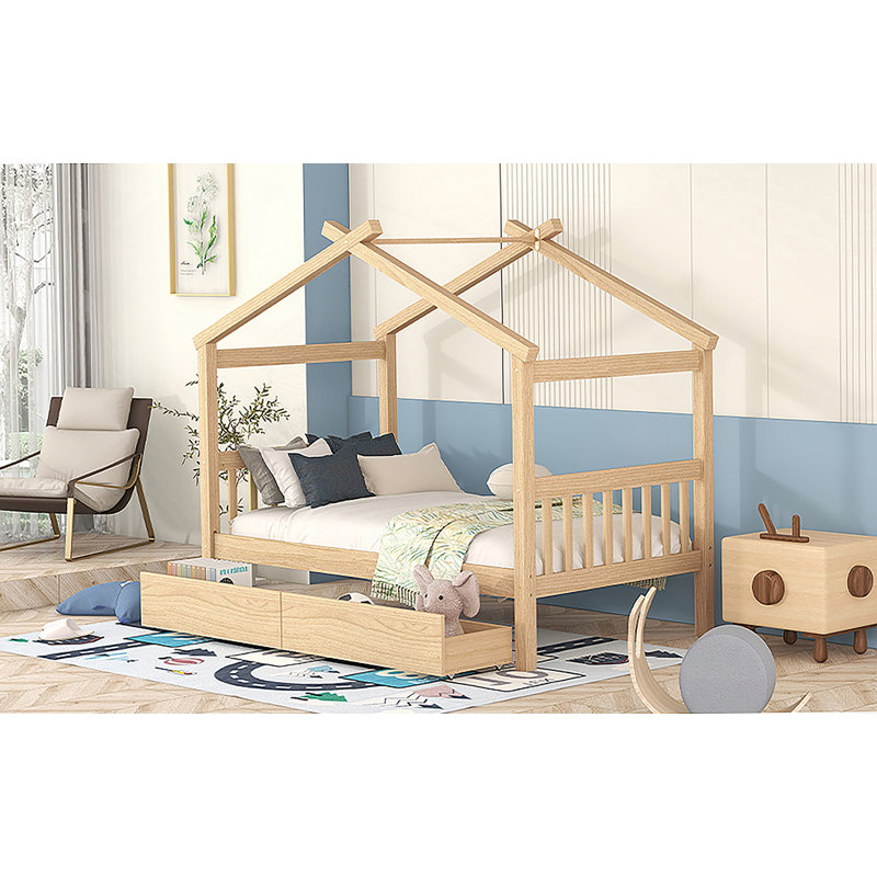 Lit en bois avec tiroirs, Naturel