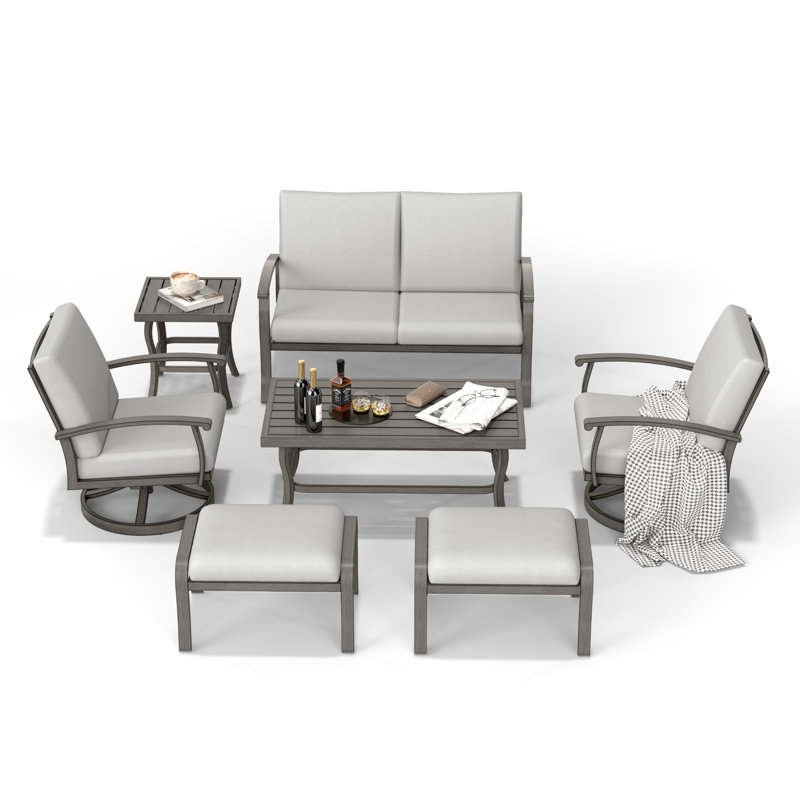 7-Piece Aluminum Patio Conversation Set With Coffee Table, End Table, Ottomans And Light Gray Cushions