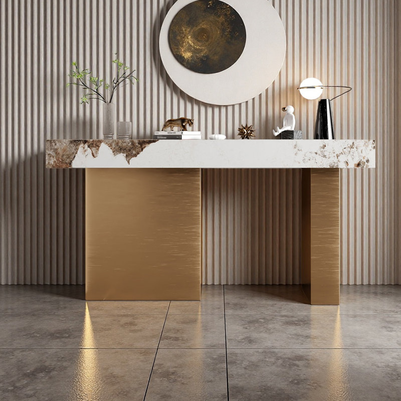Table d'entrée en pierre frittée durable, Blanc / or gris, H 33,46 po x l 70,87 po x P 13,78 po