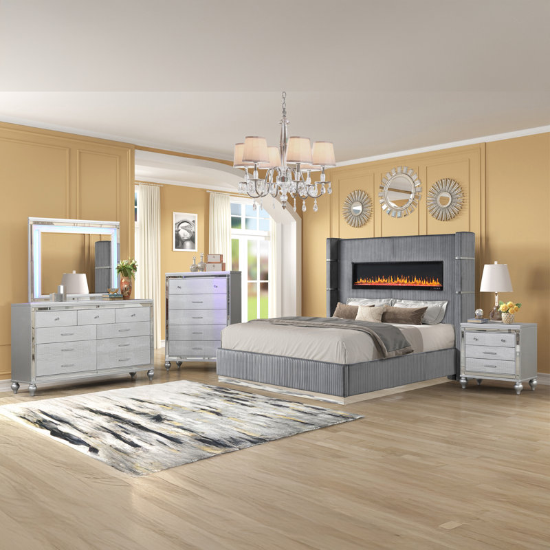 Ensemble de chambre à coucher 5 pièces Ashray, gris, Très grand
