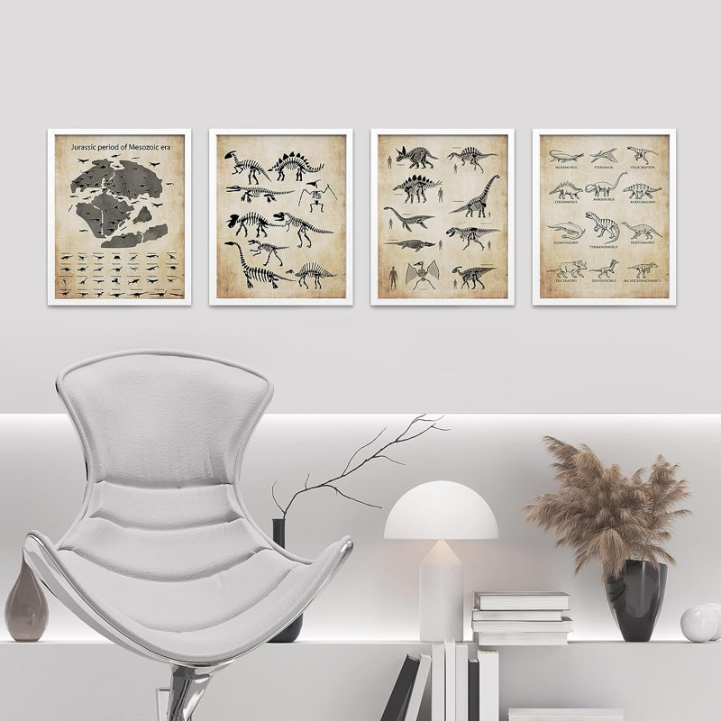 Squelettes de musée rétro rétro bicolore sépia 4 pièces, H 14 po x l 11 po x P 1 po, Cadre blanc