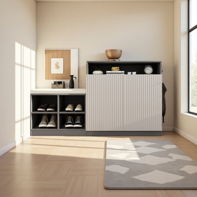 Armoire de salon avec banc à chaussures, 2 portes et 3 tablettes réglables à 3 niveaux, banc d'entrée avec 4 étagères à chaussures ouvertes et coussin amovible, console de rangement avec porte à lattes ondulées et crochets