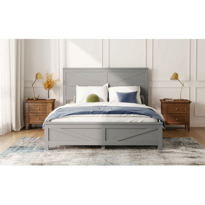 Tête de lit et pied de lit de style campagnard grand avec porte de grange de style campagnard, lit en bois de pin avec cadre de lit renforcé, gris