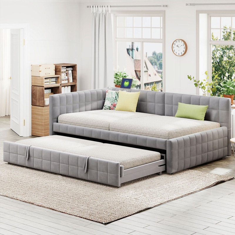 Lit de jour en L pleine grandeur avec lit gigogne escamotable et amp; Ports USB - aucun sommier nécessaire, fabrication durable