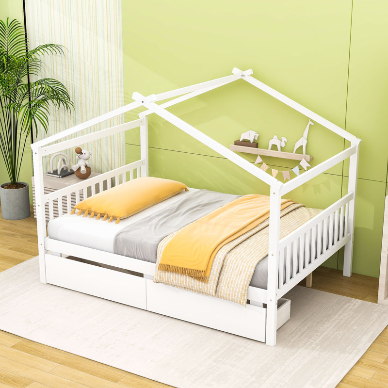 Lit double sur le toit avec tiroirs de rangement, Blanc
