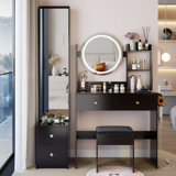 Full Body Mirror Cabinet + Round Mirror LED Vanity Table + Cushioned Stool, With 2 AC + 2 USB Power Station,17" Diameter LED Mirror, Touch Control, 3-Color, Brightness Adjustable, Large Desktop