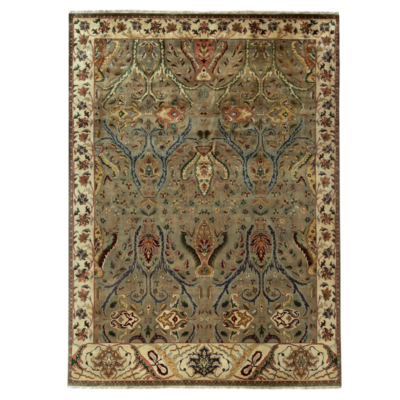 Hand Knotted Wool Oriental Area Rug in Green And Ivory
