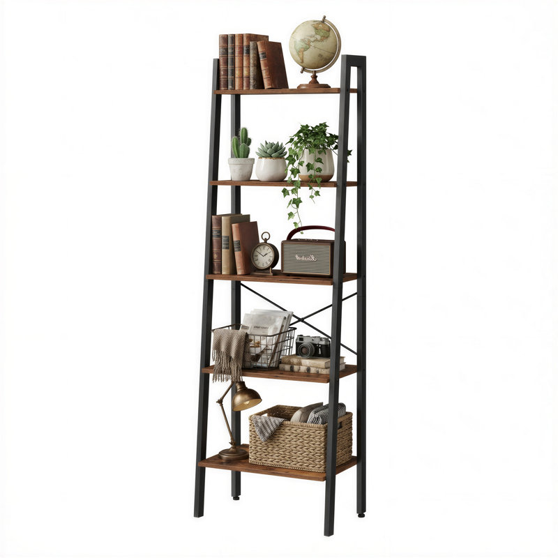 Westhought 172cm H x 56cm W Steel Ladder Bookcase, Black/Brown