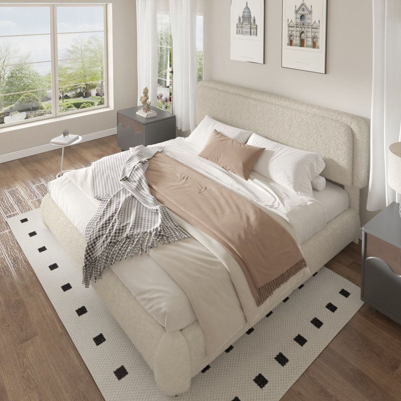 Haden Lambswool Boucle Upholstered Platform Bed Frame with Headboard, King, Beige