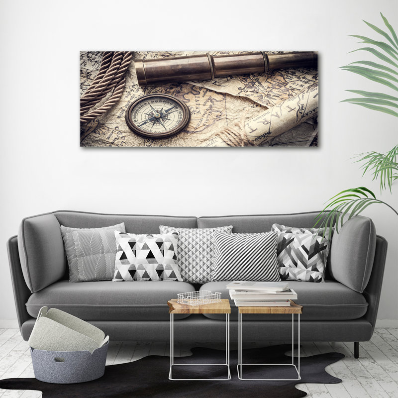 Compass On Magnifier Map - No Frame Print on Glass, Canvas, 50cm H x 125cm W x 2cm D