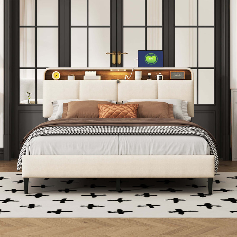 Lit plateforme avec rangement Decaro, Beige, Double